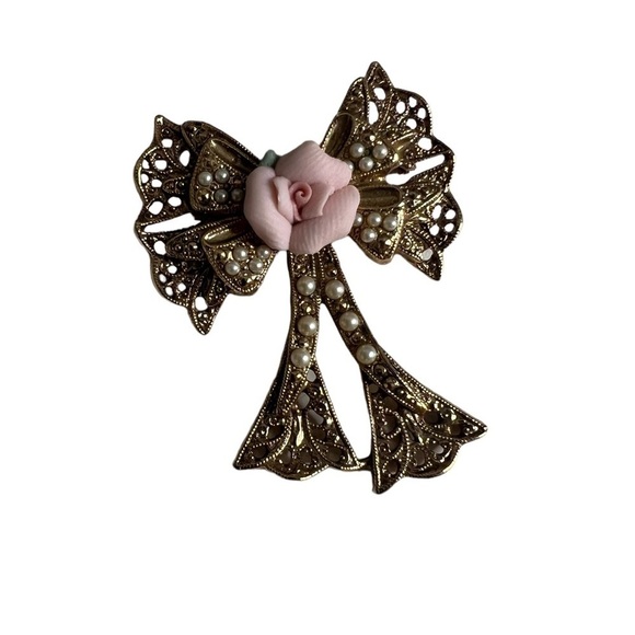 Vintage Antique Jewelry 1928 Romantic Rose adenine Bow Pin Brooch - Picture 3 of 7